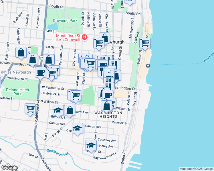 map of restaurants, bars, coffee shops, grocery stores, and more near 106 Washington Street in Newburgh