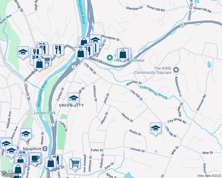 map of restaurants, bars, coffee shops, grocery stores, and more near 157 City Hill Street in Naugatuck