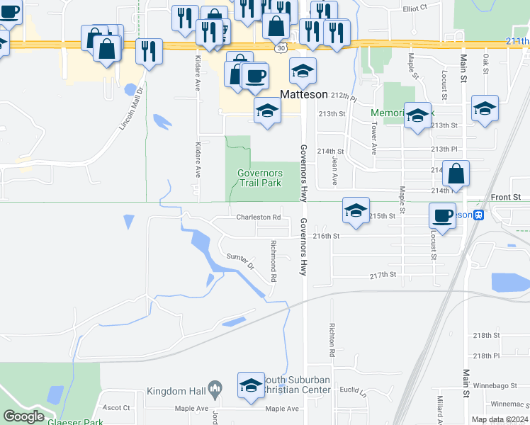 map of restaurants, bars, coffee shops, grocery stores, and more near 4062 Charleston Road in Matteson