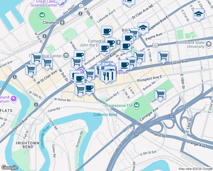map of restaurants, bars, coffee shops, grocery stores, and more near 2051 East 4th Street in Cleveland