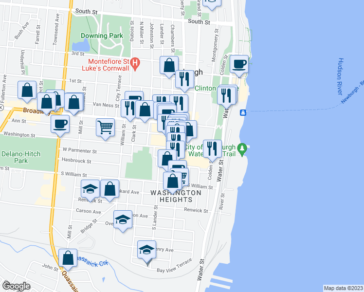 map of restaurants, bars, coffee shops, grocery stores, and more near 88 Washington Street in Newburgh