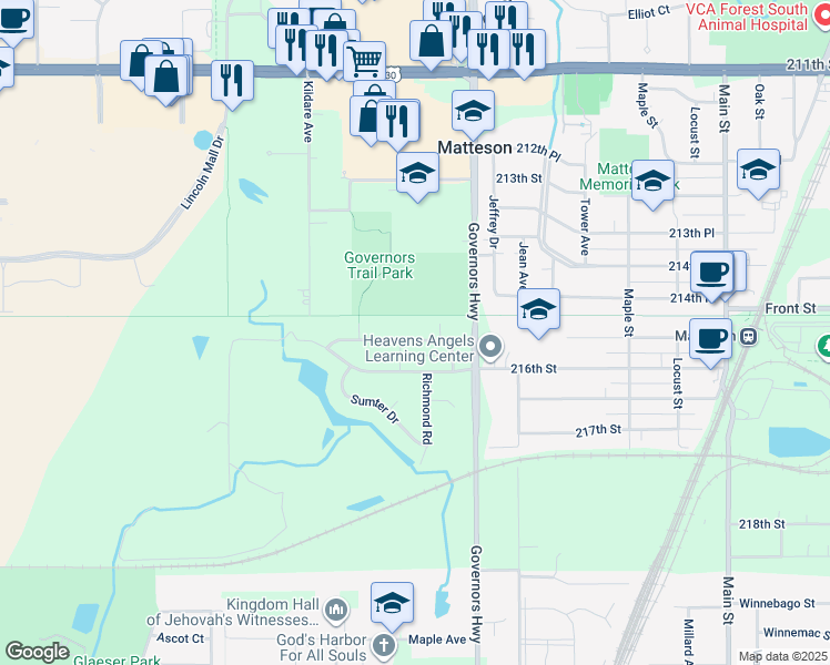map of restaurants, bars, coffee shops, grocery stores, and more near 4062 Charleston Road in Matteson