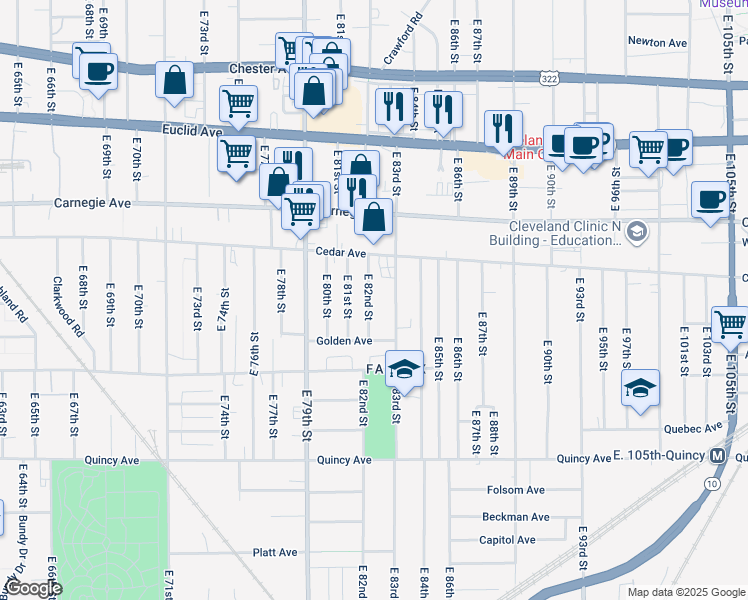 map of restaurants, bars, coffee shops, grocery stores, and more near 2194 East 83rd Street in Cleveland