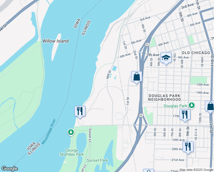 map of restaurants, bars, coffee shops, grocery stores, and more near 1309 Mill Street in Rock Island