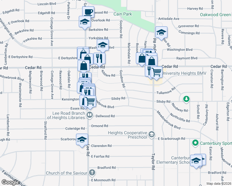 map of restaurants, bars, coffee shops, grocery stores, and more near 3309 Tullamore Road in Cleveland Heights