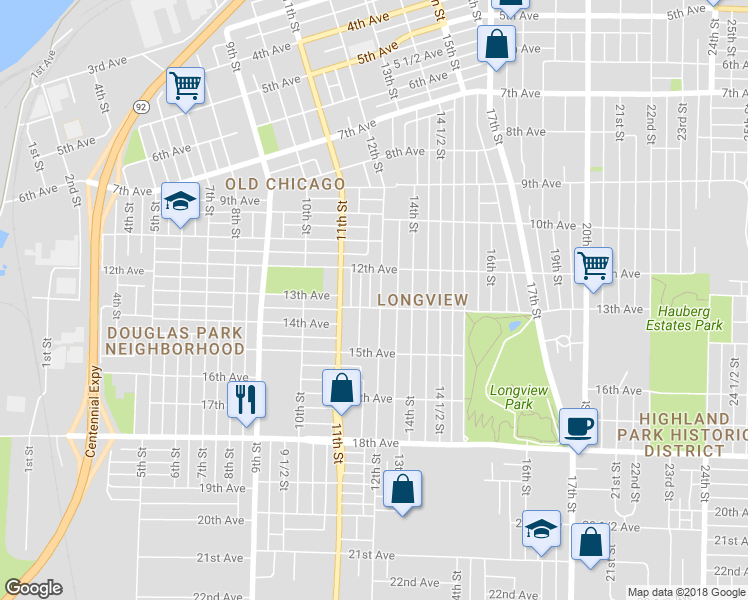 map of restaurants, bars, coffee shops, grocery stores, and more near 1215 12th Street in Rock Island