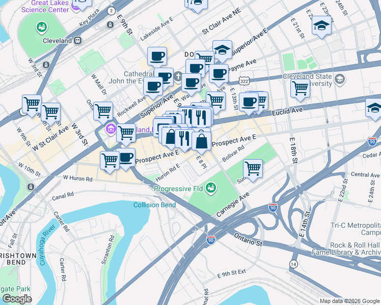 map of restaurants, bars, coffee shops, grocery stores, and more near 811 Prospect Avenue East in Cleveland