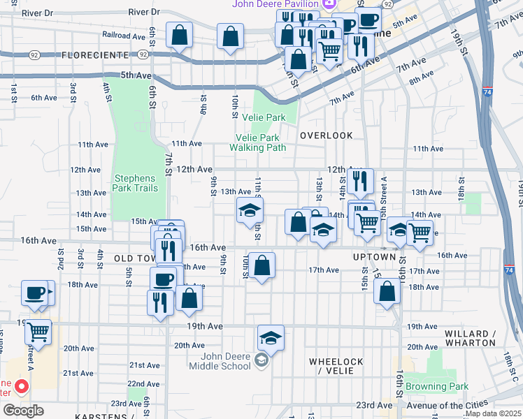 map of restaurants, bars, coffee shops, grocery stores, and more near 1103 14th Avenue in Moline