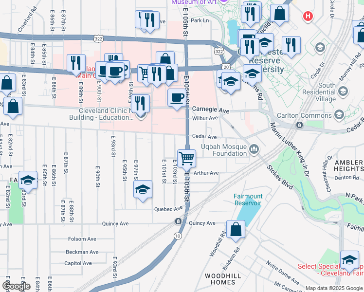 map of restaurants, bars, coffee shops, grocery stores, and more near 10300 Cedar Avenue in Cleveland