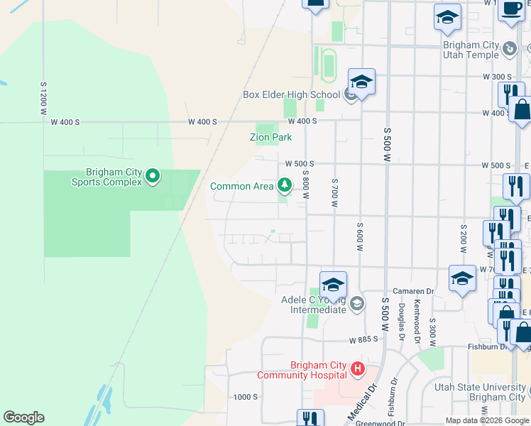 map of restaurants, bars, coffee shops, grocery stores, and more near 909 West 575 South in Brigham City
