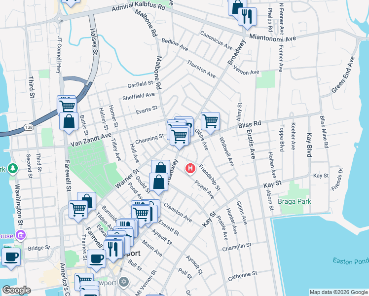 map of restaurants, bars, coffee shops, grocery stores, and more near 311 Broadway in Newport