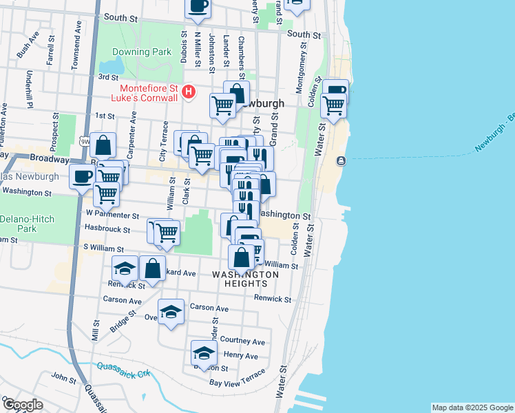 map of restaurants, bars, coffee shops, grocery stores, and more near 17 Grand Street in Newburgh