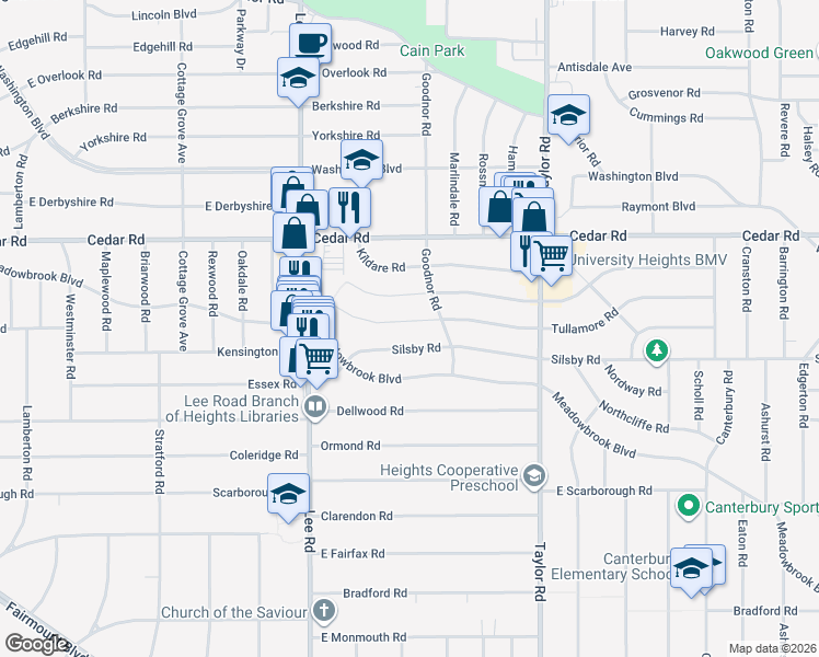 map of restaurants, bars, coffee shops, grocery stores, and more near 3309 Tullamore Road in Cleveland Heights