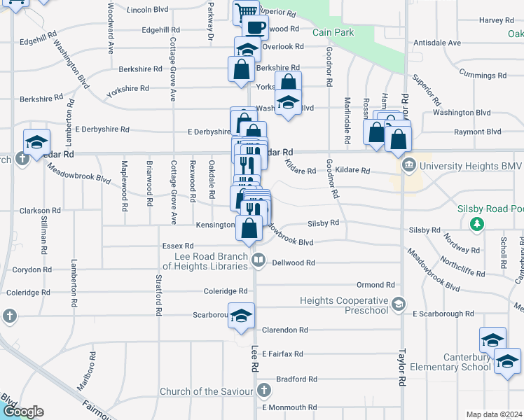 map of restaurants, bars, coffee shops, grocery stores, and more near 3224 Tullamore Road in Cleveland Heights
