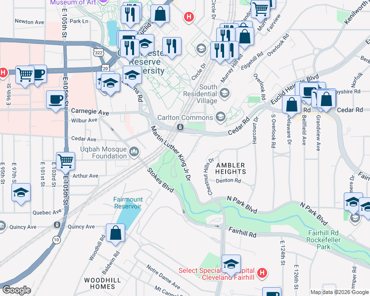 map of restaurants, bars, coffee shops, grocery stores, and more near 2190 Ambleside Drive in Cleveland