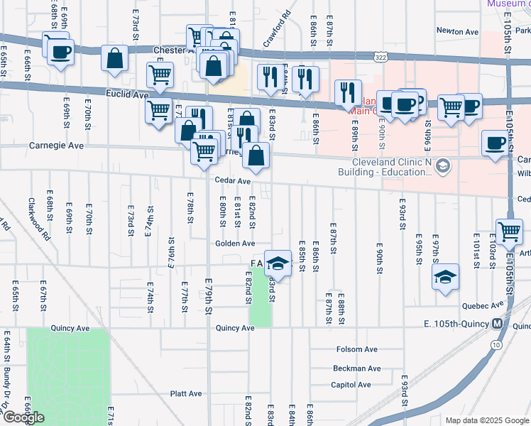 map of restaurants, bars, coffee shops, grocery stores, and more near 2194 East 83rd Street in Cleveland