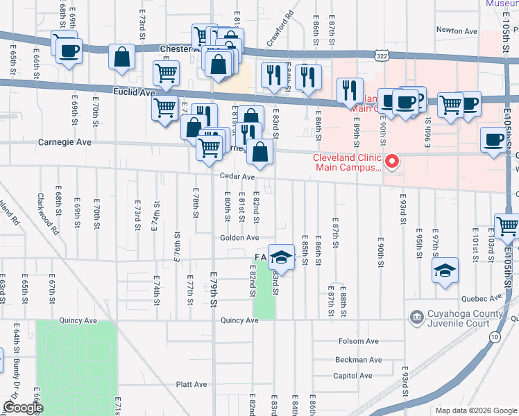 map of restaurants, bars, coffee shops, grocery stores, and more near 2194 East 83rd Street in Cleveland