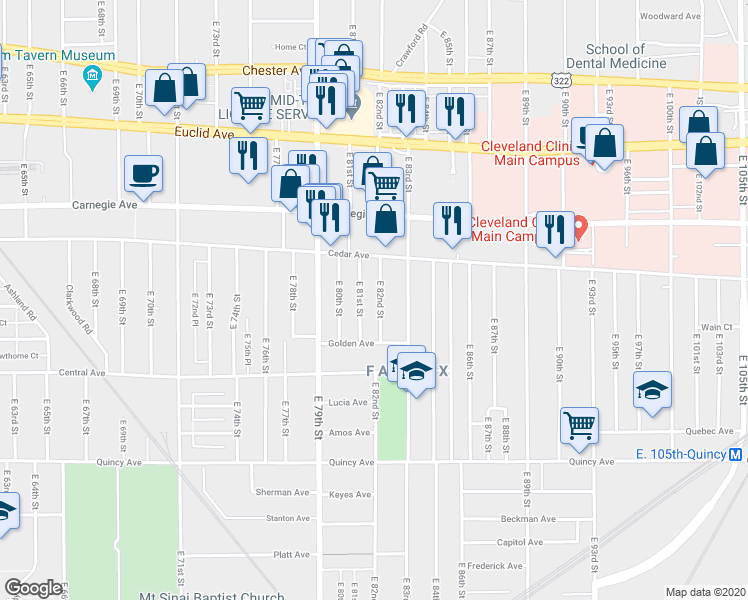 map of restaurants, bars, coffee shops, grocery stores, and more near 2197 East 81st Street in Cleveland