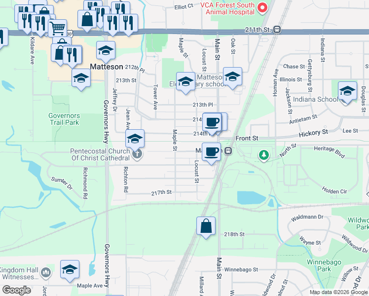 map of restaurants, bars, coffee shops, grocery stores, and more near 3726 214th Place in Matteson