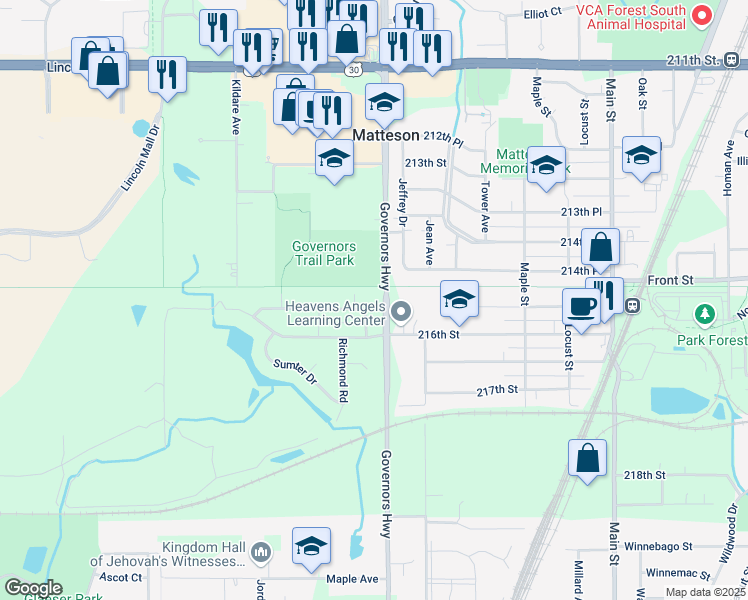 map of restaurants, bars, coffee shops, grocery stores, and more near 21410 Governors Highway in Matteson