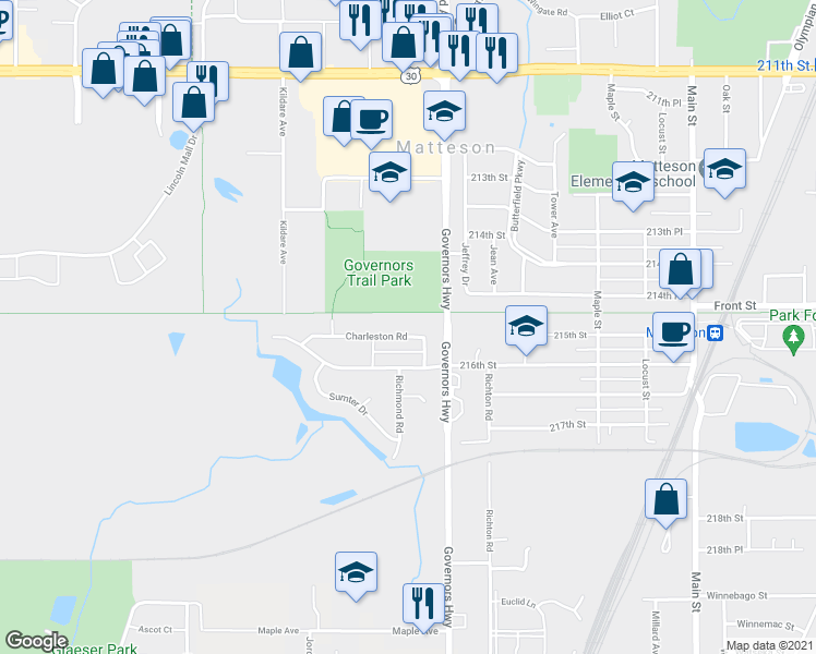 map of restaurants, bars, coffee shops, grocery stores, and more near 21410 Governors Highway in Matteson