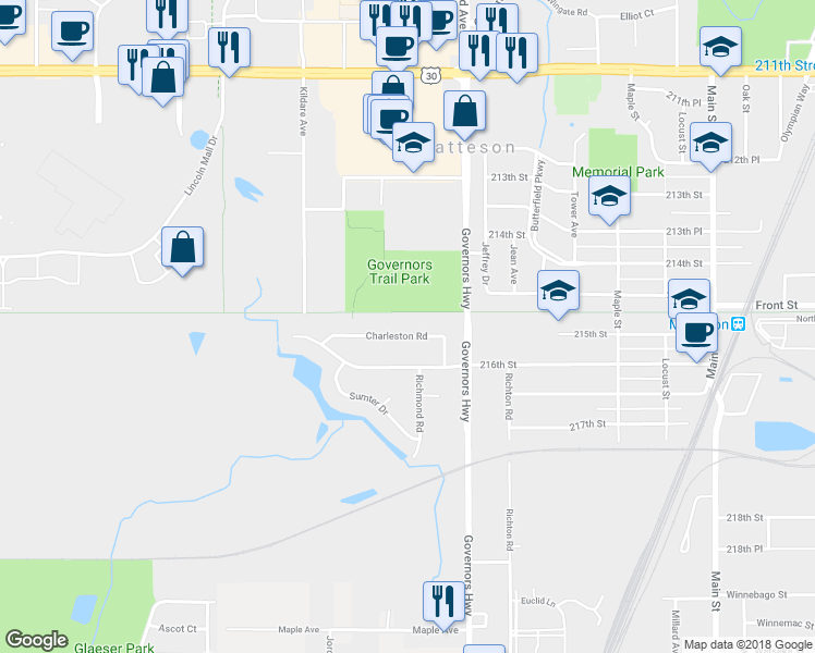 map of restaurants, bars, coffee shops, grocery stores, and more near 4062 Charleston Road in Matteson