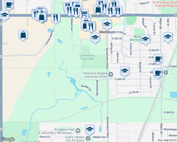 map of restaurants, bars, coffee shops, grocery stores, and more near 4136 Charleston Road in Matteson