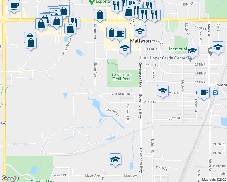 map of restaurants, bars, coffee shops, grocery stores, and more near 4136 Charleston Road in Matteson