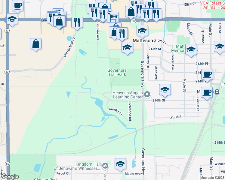 map of restaurants, bars, coffee shops, grocery stores, and more near 4136 Charleston Road in Matteson