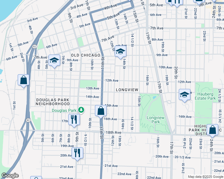 map of restaurants, bars, coffee shops, grocery stores, and more near 1215 12th Street in Rock Island