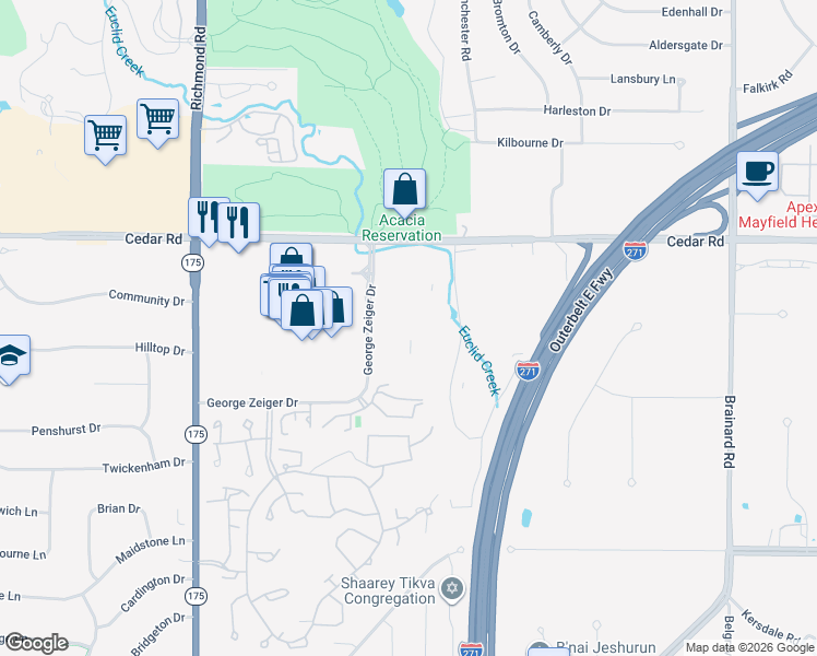 map of restaurants, bars, coffee shops, grocery stores, and more near 27040 Cedar Road in Beachwood