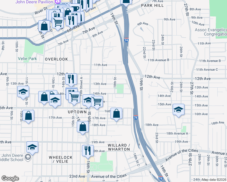 map of restaurants, bars, coffee shops, grocery stores, and more near 1349 18th Street in Moline