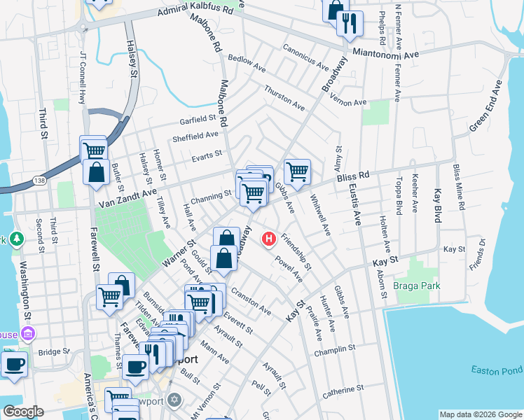 map of restaurants, bars, coffee shops, grocery stores, and more near 311 Broadway in Newport