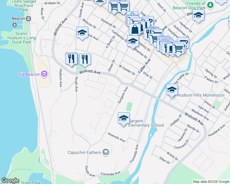 map of restaurants, bars, coffee shops, grocery stores, and more near 19 Coffey Avenue in Beacon