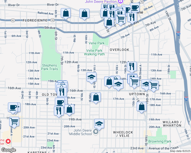 map of restaurants, bars, coffee shops, grocery stores, and more near 1103 14th Avenue in Moline