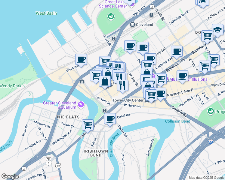 map of restaurants, bars, coffee shops, grocery stores, and more near in Cleveland
