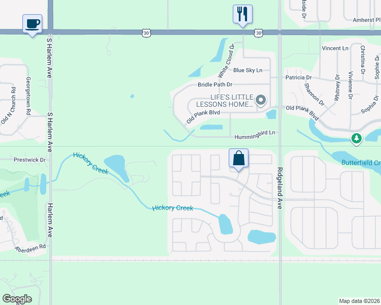 map of restaurants, bars, coffee shops, grocery stores, and more near 6629 Hummingbird Lane in Matteson