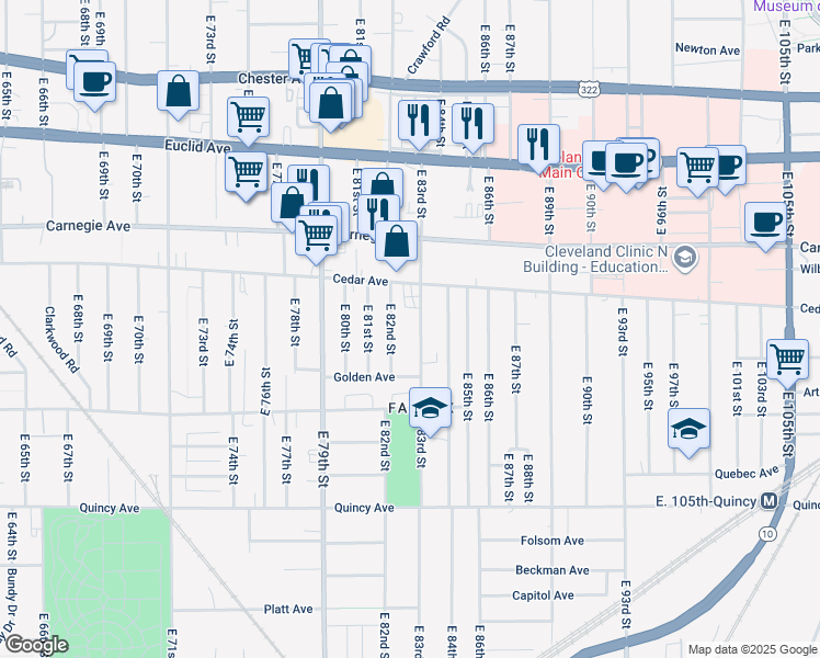 map of restaurants, bars, coffee shops, grocery stores, and more near 2194 East 83rd Street in Cleveland