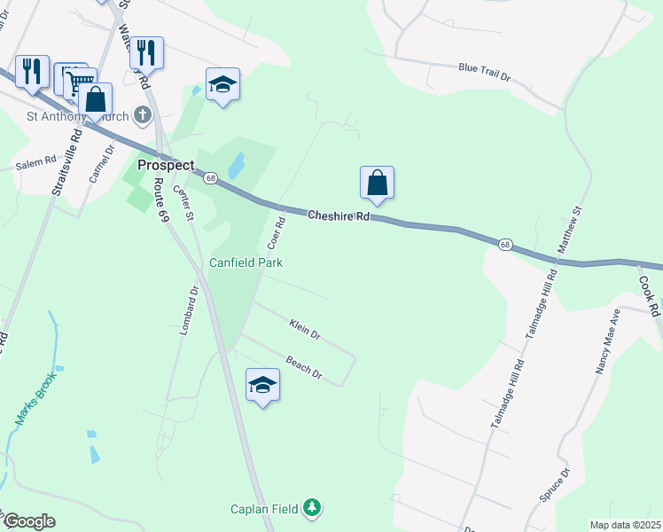 map of restaurants, bars, coffee shops, grocery stores, and more near 21 Apple Hill Drive in Prospect