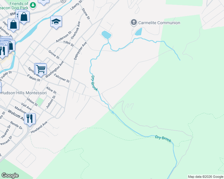 map of restaurants, bars, coffee shops, grocery stores, and more near 42 Mountain Lane in Beacon