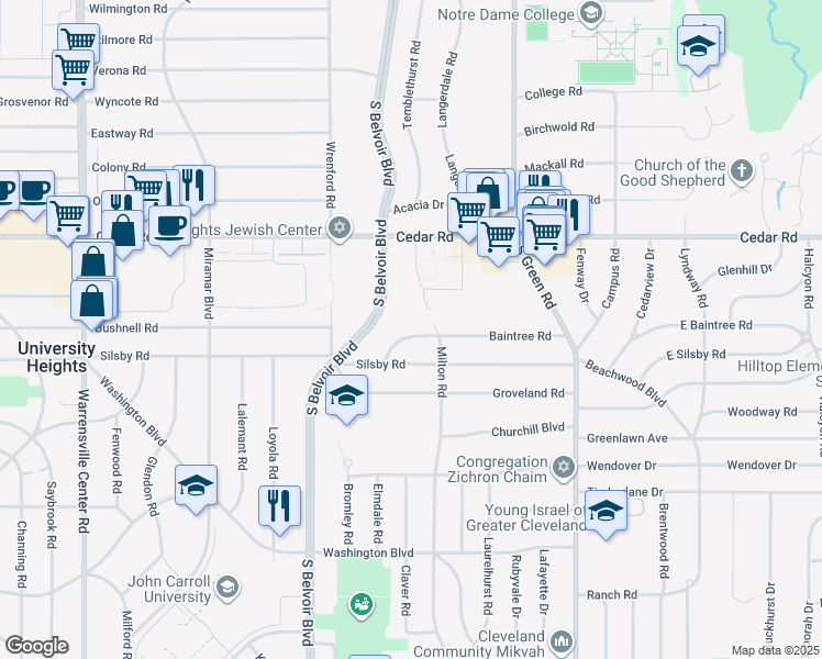 map of restaurants, bars, coffee shops, grocery stores, and more near 2200 Milton Road in University Heights