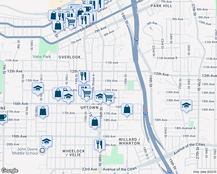 map of restaurants, bars, coffee shops, grocery stores, and more near 1347 17th Street in Moline