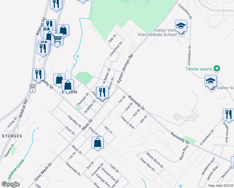 map of restaurants, bars, coffee shops, grocery stores, and more near 532 Main Street in Dickson City