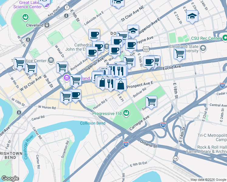 map of restaurants, bars, coffee shops, grocery stores, and more near 750 Prospect Avenue in Cleveland