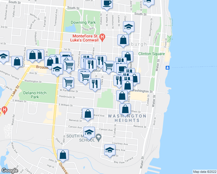 map of restaurants, bars, coffee shops, grocery stores, and more near 156 Washington Street in Newburgh