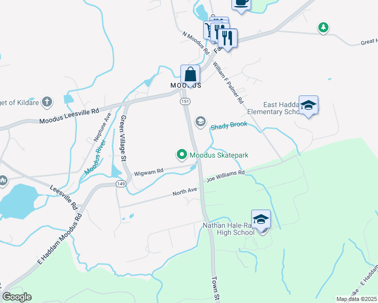 map of restaurants, bars, coffee shops, grocery stores, and more near 1 Plains Road in East Haddam