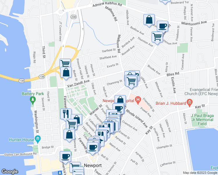 map of restaurants, bars, coffee shops, grocery stores, and more near 34 Newport Avenue in Newport