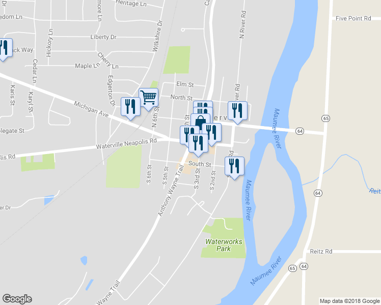 map of restaurants, bars, coffee shops, grocery stores, and more near 312 South St in Waterville