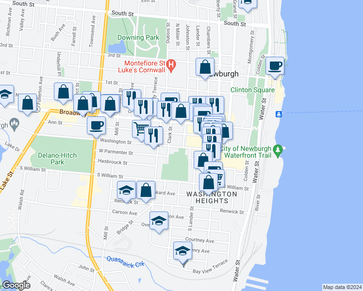 map of restaurants, bars, coffee shops, grocery stores, and more near 154 Washington Street in Newburgh