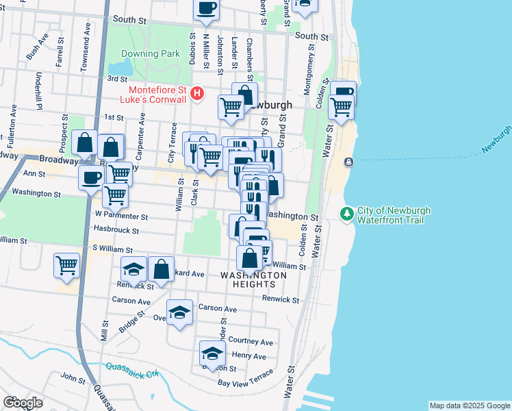 map of restaurants, bars, coffee shops, grocery stores, and more near 119 Broadway in Newburgh